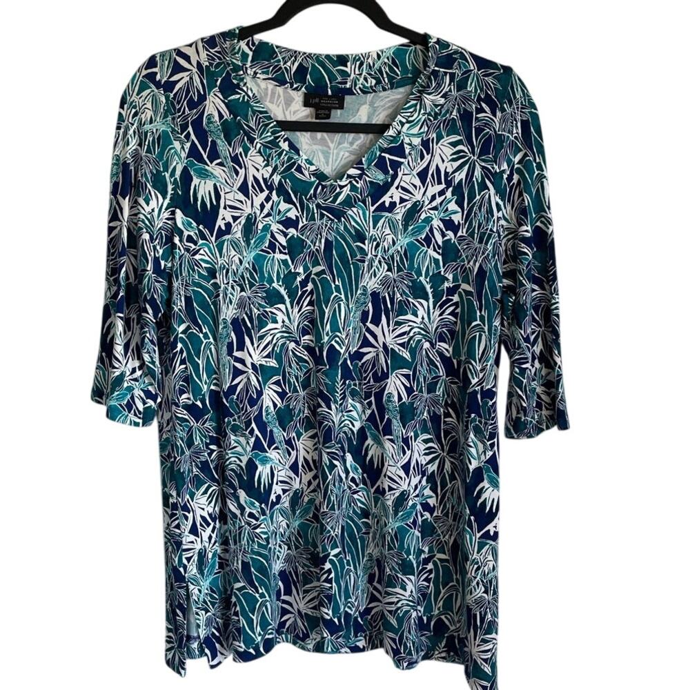 J. Jill Wearever Layered V-Neck Tunic Top Sz SP Tropical Bird Leaf Blue Teal